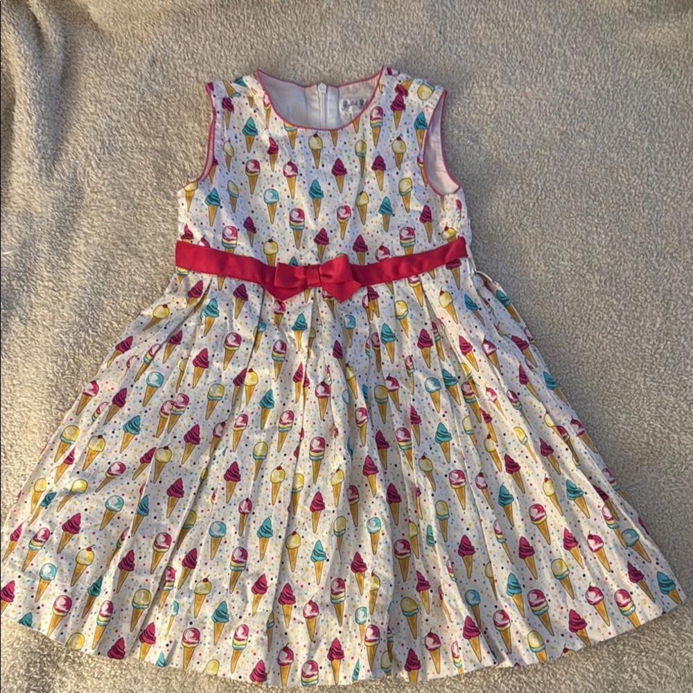 Rachel Riley Girls' Ice Cream Print Dress with Pink Bow